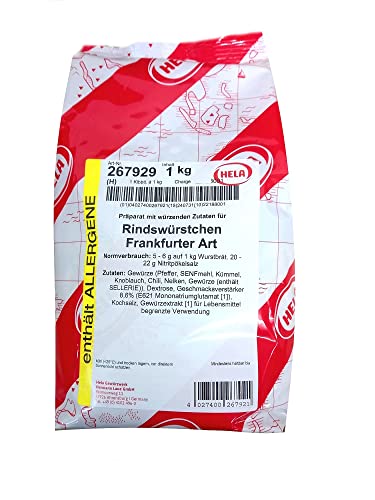 Rindswurst Frankfurter Art Gewürzmischung, 1 kg, Hela Rindswürstchen Frankfurter Art - Würzpräparat für Wurstherstellung von Starch Heros