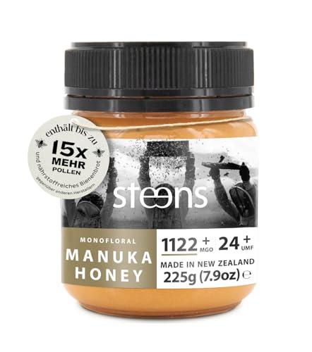 Steens Manuka Honey MGO 1122+ - 225 g rein roher 100% zertifizierter UMF 24+ - über Manuka Honig 1000 MGO - abgefüllt und versiegelt in Neuseeland Steens Manuka Honey MGO 1122+ - 225 g rein roher 100% zertifizierter UMF 24+ - über Manuka Honig 1000 MGO - abgefüllt und versiegelt in Neuseeland von Steens