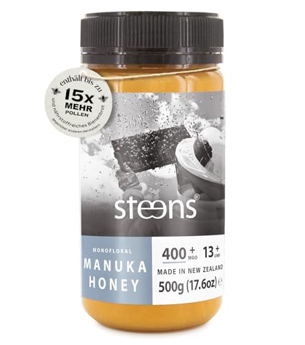 Steens Manuka Honey MGO 400 + - 500 g rein roher 100% zertifizierter UMF 13+ Manuka Honig - abgefüllt und versiegelt in Neuseeland - 500 g von Steens