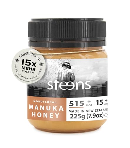 Steens Manuka Honey MGO 515+ - rein roher 100% zertifizierter UMF 15+ Manuka Honig - abgefüllt und versiegelt in Neuseeland - höchste Qualitätsstufe - 225 g von Steens