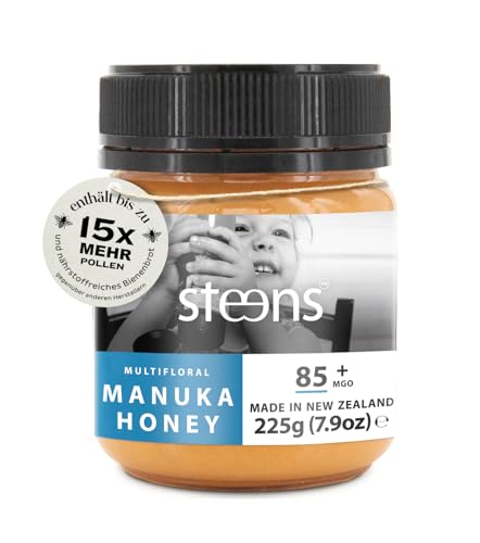 Steens Manuka Honey MGO 85+ - 225 g rein roher 100% zertifizierter multifloraler Manuka Honig - abgefüllt und versiegelt in Neuseeland von Steens