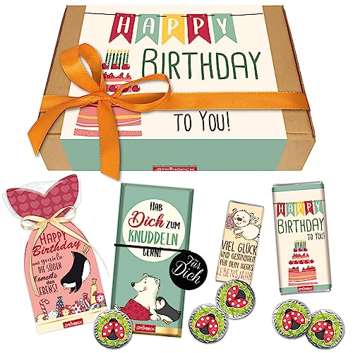 STEINBECK Geschenkbox Geburtstag - Happy Birthday - Schokolade Fruchtgummi Taler Minischokolade mit Botschaft Frau Mann Wimpel Torte von STEINBECK