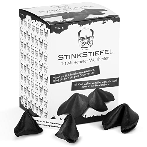 Stinkstiefel 10 schwarze Glückskekse - Made in Germany - Schwarzer Humor mit fiesen Sprüchen - Mitbringsel - Geburtstag – Silvester Geschenke klein Stinkstiefel 10 schwarze Glückskekse - Made in Germany - Schwarzer Humor mit fiesen Sprüchen - Mitbringsel - Geburtstag – Silvester Geschenke klein von Stinkstiefel