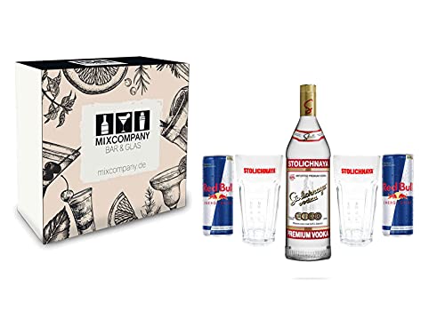 Stolichnaya Geschenk Set - Stolichnaya Vodka 1000ml (40% Vol) + 2 Gläser + 2 Red Bull 250ml - Inkl. Pfand EINWEG von Stolichnaya-Stolichnaya