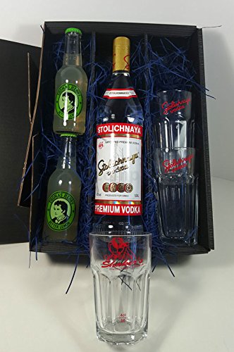 Stolichnaya Vodka Lemon Set/Geschenkset ? Stolichnaya Vodka 1L (40% Vol) + 2x Thomas Henry Bitter Lemon 200ml + 2x Vodka Gläser + Shakers Glas geeicht 4cl - Inkl. Pfand MEHRWEG von Thomas Henry-Thomas Henry