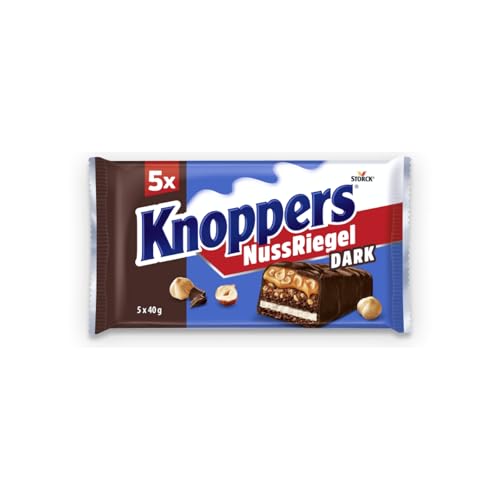 Knoppers NussRiegel Dark – 1 x 200g (5 Riegel) – Waffelriegel mit Milch- und Nugatcreme mit Gebäckstückchen, gehackten Haselnüssen und zartem Karamell, umhüllt von dunkler Milchschokolade von Knoppers