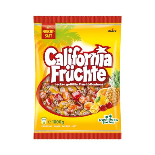 California Früchte – 1 x 1000g Vorratspackung – Gefüllte Bonbons mit Fruchtsaft – In vier verschiedenen Sorten von Bunte Welt