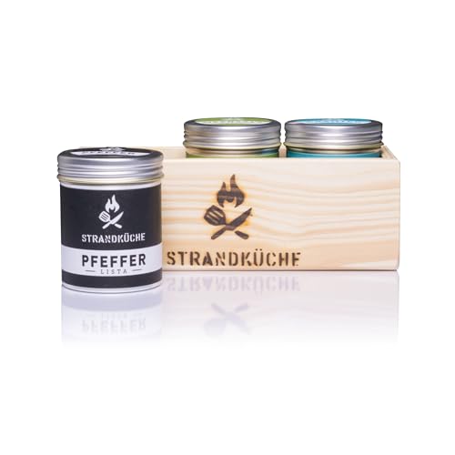 Strandküche 3er Gewürze Geschenkset Bulli 125 g I Bio Gewürze Set Basic mit Pfeffer Meersalz und Kräuter-Gewürzmischung I Exklusive Gewürze in handgefertigter Holzbox mit Geschenkbanderole von Strandküche