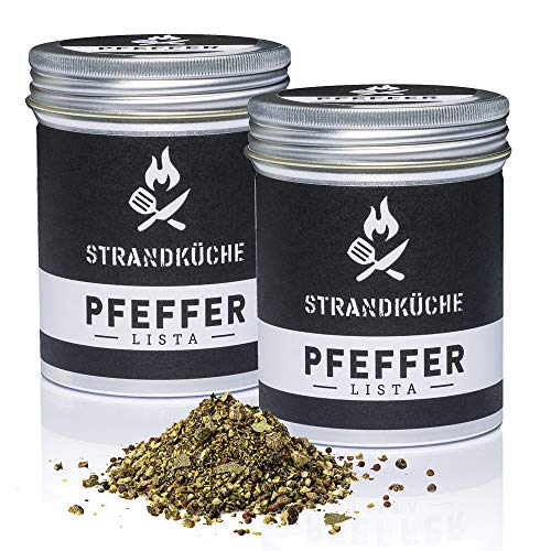 Strandküche Lista Pfeffer Gewürzmischung 2x45 g I Feurig-fruchtige Bio Gewürze Komposition mit Tellicherry Pfeffer Schwarz Weiß Grün Wacholderbeeren Senf Zitronenmyrte I Bio Pfeffer Mix geschrotet von Strandküche