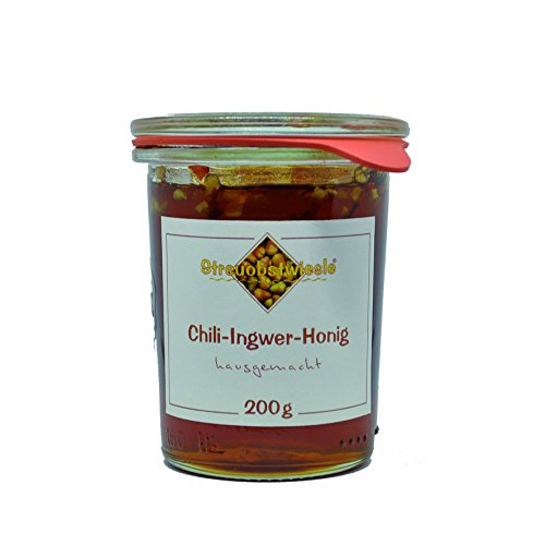 Streuobstwiesle Chili Ingwer Honig - 200 g Naturreine handgefertigte Honigspezialität aus Deutschland zum Marinieren von Grillfleisch, Geflügel, zum Überbacken von Käse oder zum Aufschlagen feiner Salatsaucen von Streuobstwiesle