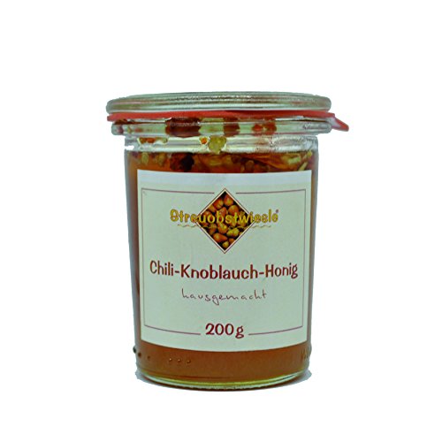 Streuobstwiesle Chili Knoblauch Honig - 200 g Naturreine handgefertigte Honigspezialität aus Deutschland zum Marinieren von Grillfleisch, Geflügel, zum Überbacken von Käse oder zum Aufschlagen feiner Salatsaucen von Streuobstwiesle