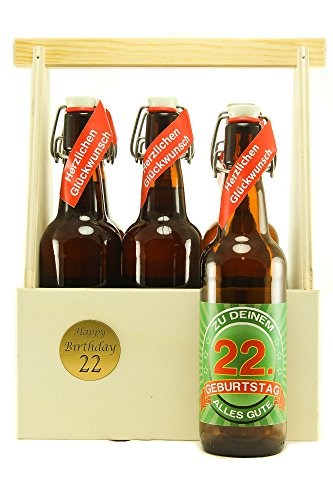 Bier Geschenk 6 er Holz Träger mit 6 Fl. Bier 22. Geburtstag von SünGross