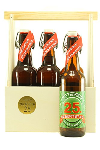 Bier Geschenk 6 er Holz Träger mit 6 Fl. Bier 25. Geburtstag von SünGross