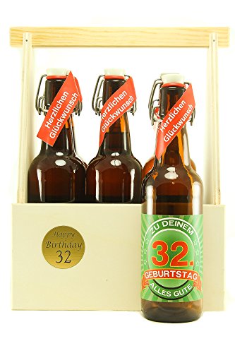 Bier Geschenk 6 er Holz Träger mit 6 Fl. Bier 32. Geburtstag von SünGross