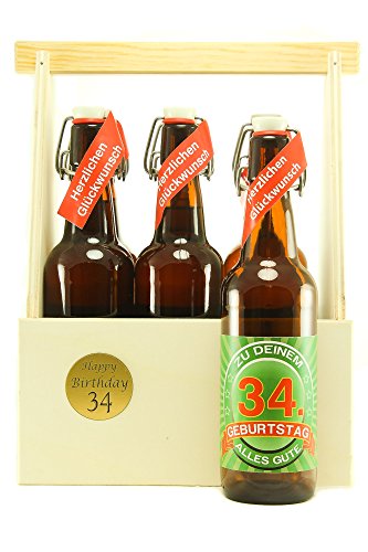 Bier Geschenk 6 er Holz Träger mit 6 Fl. Bier 34. Geburtstag von SünGross