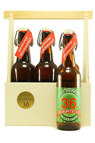 Bier Geschenk 6 er Holz Träger mit 6 Fl. Bier 36. Geburtstag von SünGross