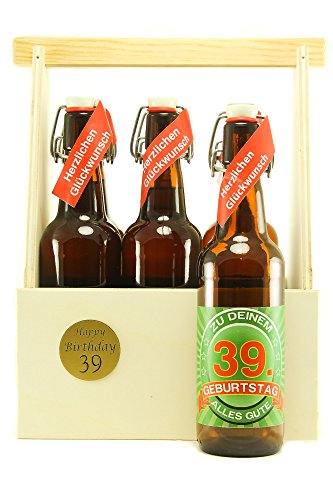 Bier Geschenk 6 er Holz Träger mit 6 Fl. Bier 39. Geburtstag von SünGross