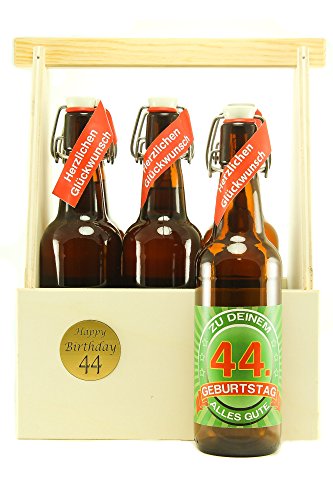 Bier Geschenk 6 er Holz Träger mit 6 Fl. Bier 44. Geburtstag von SünGross