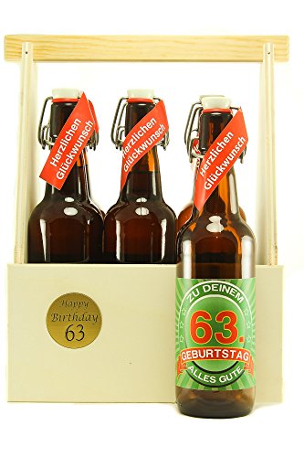 Bier Geschenk 6 er Holz Träger mit 6 Fl. Bier 63. Geburtstag von SünGross