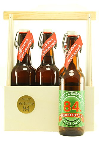 Bier Geschenk 6 er Holz Träger mit 6 Fl. Bier 84. Geburtstag von SünGross