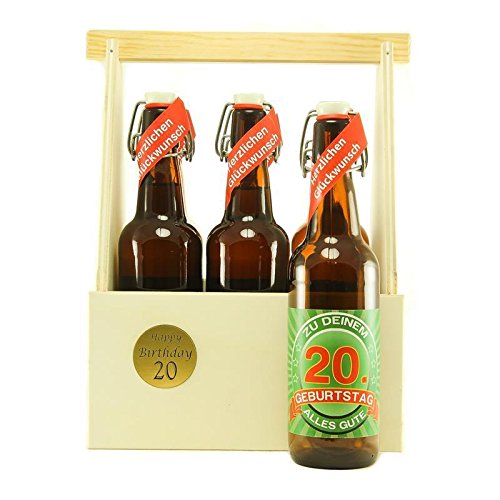 Bier Geschenk zum 20.Geburtstag Geburtstagsgeschenk zwanzigster Geburtstag 6er Bierträger aus Holz mit 6 Flaschen Bier zum 20. Geburtstag von SünGross