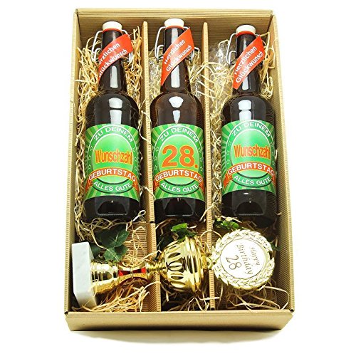 Bier Geschenk zum 28.Geburtstag Geburtstagsgeschenk achtundzwanzigster Geburtstag Präsentkarton mit Bier und Pokal zum 28. Geburtstag von SünGross