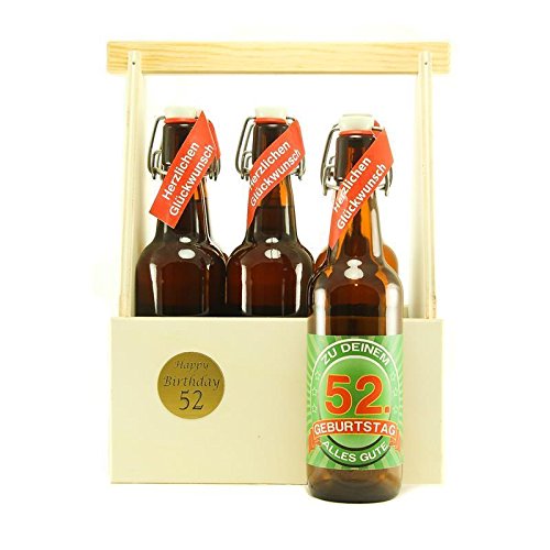 Bier Geschenk zum 52.Geburtstag Geburtstagsgeschenk zweiundfünfzigster Geburtstag 6er Bierträger aus Holz mit 6 Flaschen Bier zum 52. Geburtstag von SünGross