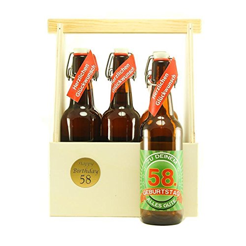 Bier Geschenk zum 58.Geburtstag Geburtstagsgeschenk achtundfünfzigster Geburtstag 6er Bierträger aus Holz mit 6 Flaschen Bier zum 58. Geburtstag von SünGross