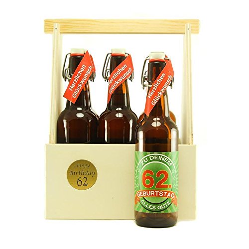Bier Geschenk zum 62.Geburtstag Geburtstagsgeschenk zweiundsechszigster Geburtstag 6er Bierträger aus Holz mit 6 Flaschen Bier zum 62. Geburtstag von SünGross