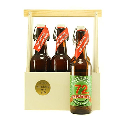 Bier Geschenk zum 72.Geburtstag Geburtstagsgeschenk zweiundsiebzigster Geburtstag 6er Bierträger aus Holz mit 6 Flaschen Bier zum 72. Geburtstag von SünGross