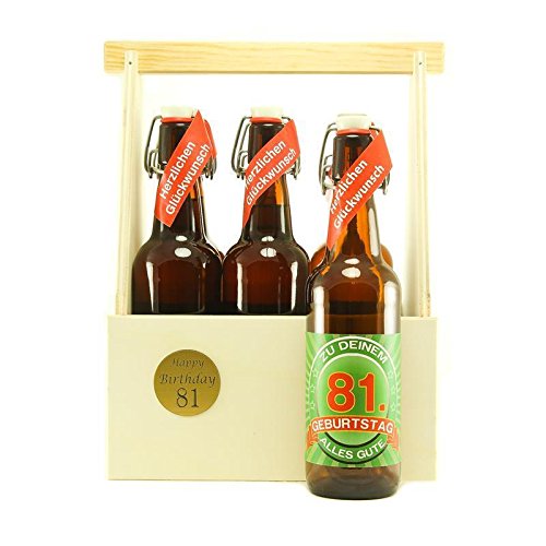 Bier Geschenk zum 81.Geburtstag Geburtstagsgeschenk einundachtzigster Geburtstag 6er Bierträger aus Holz mit 6 Flaschen Bier zum 81. Geburtstag von SünGross