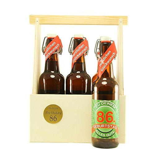 Bier Geschenk zum 86.Geburtstag Geburtstagsgeschenk sechsundachtzigster Geburtstag 6er Bierträger aus Holz mit 6 Flaschen Bier zum 86. Geburtstag von SünGross