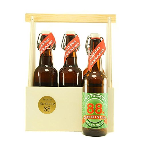Bier Geschenk zum 88.Geburtstag Geburtstagsgeschenk achtundachtzigster Geburtstag 6er Bierträger aus Holz mit 6 Flaschen Bier zum 88. Geburtstag von SünGross
