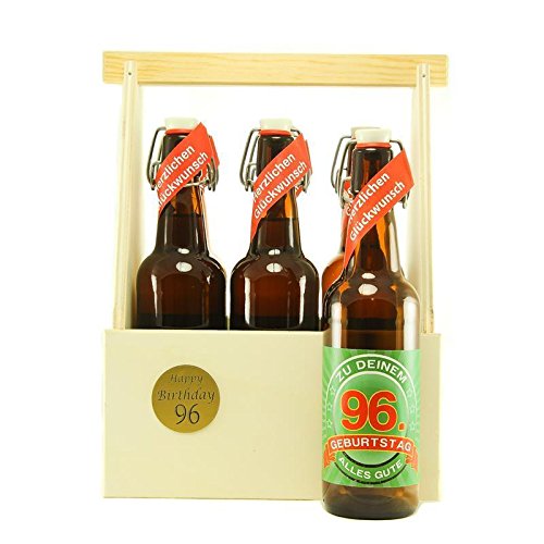 Bier Geschenk zum 96.Geburtstag Geburtstagsgeschenk sechsundneunzigster Geburtstag 6er Bierträger aus Holz mit 6 Flaschen Bier zum 96. Geburtstag von SünGross