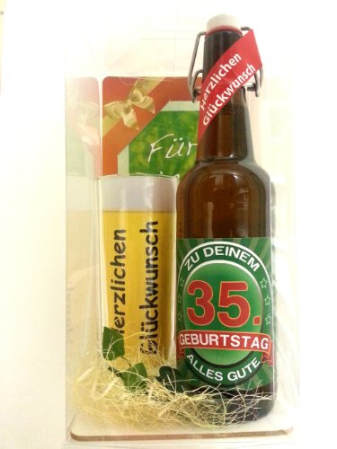 SünGross Geschenk Set, Bierset Bier Geschenk zum 35. Geburtstag das bei Frau und Mann Immer gut ankommt, Bierflasche mit Etikett, Glas Bierkrug und Geschenk Postkarte von SünGross