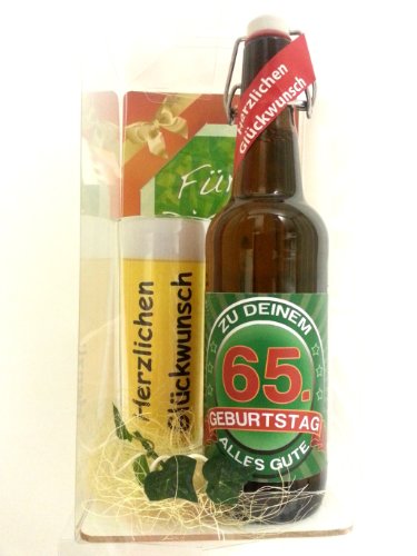 SünGross Geschenk Set, Bierset Bier Geschenk zum 65. Geburtstag das bei Frau und Mann Immer gut ankommt, Bierflasche mit Etikett, Glas Bierkrug und Geschenk Postkarte von SünGross