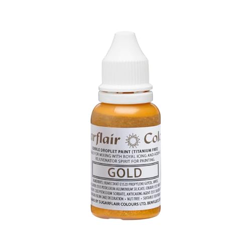 Sugarflair Edible Droplet Paint Lebensmittelfarbe Flüssig Gold - Lebensmittel Farbe für für Zuckerpaste, Buttercreme - kann mit Airbrush verwendet werden - 14ml Sugarflair Edible Droplet Paint Lebensmittelfarbe Flüssig Gold - Lebensmittel Farbe für für Zuckerpaste, Buttercreme - kann mit Airbrush verwendet werden - 14ml von Sugarflair Colours