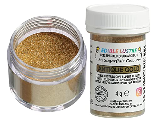 Sugarflair Edible Lustre Lebensmittelfarbe Glanzfarbe Antique Gold - Lebensmittel Glanzpulver für Kuchen, Cupcakes, Schokolade, Backwaren, Desserts, Eiscreme, Getränke, Cocktails und mehr - 4g Sugarflair Edible Lustre Lebensmittelfarbe Glanzfarbe Antique Gold - Lebensmittel Glanzpulver für Kuchen, Cupcakes, Schokolade, Backwaren, Desserts, Eiscreme, Getränke, Cocktails und mehr - 4g von Sugarflair Colours
