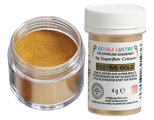 Sugarflair Edible Lustre Lebensmittelfarbe Glanzfarbe Festive Gold - Lebensmittel Glanzpulver für Kuchen, Cupcakes, Schokolade, Backwaren, Desserts, Eiscreme, Getränke, Cocktails und mehr - 4g Sugarflair Edible Lustre Lebensmittelfarbe Glanzfarbe Festive Gold - Lebensmittel Glanzpulver für Kuchen, Cupcakes, Schokolade, Backwaren, Desserts, Eiscreme, Getränke, Cocktails und mehr - 4g von Sugarflair Colours