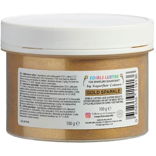 Sugarflair Edible Lustre Lebensmittelfarbe Glanzfarbe Gold Sparkle - Lebensmittel Glanzpulver für Kuchen, Cupcakes, Schokolade, Backwaren, Desserts, Eiscreme, Getränke, Cocktails und mehr - 100g Sugarflair Edible Lustre Lebensmittelfarbe Glanzfarbe Gold Sparkle - Lebensmittel Glanzpulver für Kuchen, Cupcakes, Schokolade, Backwaren, Desserts, Eiscreme, Getränke, Cocktails und mehr - 100g von Sugarflair Colours