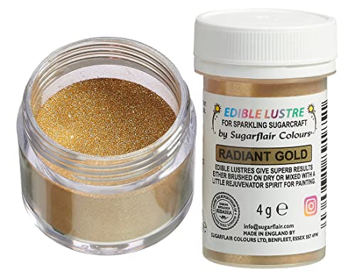 Sugarflair Edible Lustre Lebensmittelfarbe Glanzfarbe Radiant Gold - Lebensmittel Glanzpulver für Kuchen, Cupcakes, Schokolade, Backwaren, Desserts, Eiscreme, Getränke, Cocktails und mehr - 4g Sugarflair Edible Lustre Lebensmittelfarbe Glanzfarbe Radiant Gold - Lebensmittel Glanzpulver für Kuchen, Cupcakes, Schokolade, Backwaren, Desserts, Eiscreme, Getränke, Cocktails und mehr - 4g von Sugarflair Colours