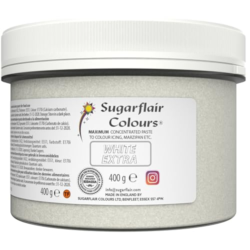 Sugarflair Lebensmittelfarbe Max Konzentriert White Extra, Lebensmittel Farbstoff Hoch Konzentriert für Marzipan und Fondant, Max Concentrate Paste Colour - 400g von Sugarflair Colours