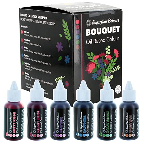 Sugarflair Oil Based Colour Lebensmittelfarbe Ölbasis Bouquet Set/6 - Hochkonzentrierte Lebensmittel Farbe Ölbasis Misty Rose, Velvet Rose, Heather, Sapphire, Holly Green, Chestnut - 6x30ml von Sugarflair Colours