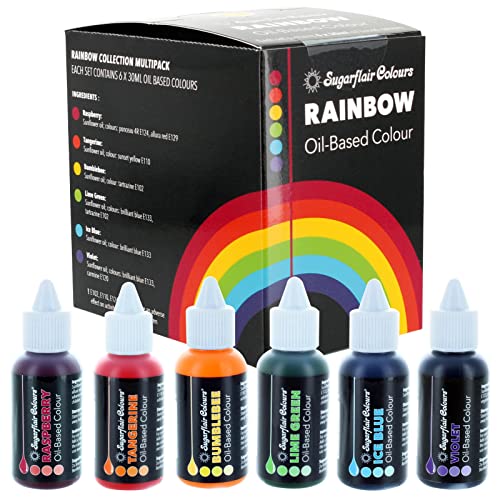 Sugarflair Oil Based Colour Lebensmittelfarbe Ölbasis Regenbogen Set/6 - Hochkonzentrierte Lebensmittel Farbe Ölbasis - Himbeere, Mandarine, Hummel, Limonengrün, Eisblau und Violett - 6x30ml von Sugarflair Colours