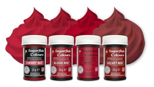 Sugarflair Pasta Lebensmittelfarben Red Set/4, Pasta Lebensmittel Farben für Fondant, Marzipan, Zuckerpaste, Buttercreme und mehr: Ruby, Velvet Red, Blood Red, Cherry Red - Set/4 Sugarflair Pasta Lebensmittelfarben Red Set/4, Pasta Lebensmittel Farben für Fondant, Marzipan, Zuckerpaste, Buttercreme und mehr: Ruby, Velvet Red, Blood Red, Cherry Red - Set/4 von Sugarflair Colours