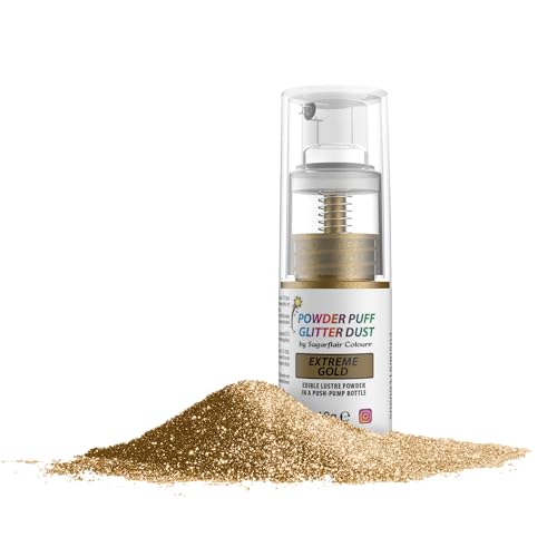 Sugarflair Pump Spray Powder Puff Glitter Dust Extreme Gold - Lebensmittelfarbe Kuchen Dekoration, Nicht-Aerosol Spray Glitter für Kuchen, Cupcakes und mehr - 10g Sugarflair Pump Spray Powder Puff Glitter Dust Extreme Gold - Lebensmittelfarbe Kuchen Dekoration, Nicht-Aerosol Spray Glitter für Kuchen, Cupcakes und mehr - 10g von Sugarflair Colours