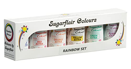 Sugarflair Rainbow Colours Extra Maximal konzentrierte Lebensmittelfarbe, zur Verwendung mit Zuckerpasten, Blütenpaste, Buttercreme, Zuckerguss und mehr – 6 x 25 g von Sugarflair Colours