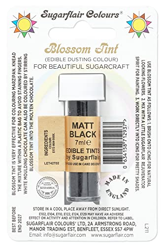 Sugarflair Blossom Tint Dusting Lebensmittelfarbe Pulver Mattschwarz - Lebensmittel Farbe Pulver zur Dekorationen Farbzuckerpaste, Fondant, Zuckerguss, Schokolade, Buttercreme, Macarons - 7ml von Sugarflair Colours