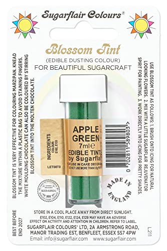 Sugarflair Blossom Tint Dusting Lebensmittelfarbe Pulver Apfelgrün - Lebensmittel Farbe Pulver zur Dekorationen Farbzuckerpaste, Fondant, Zuckerguss, Schokolade, Buttercreme, Macarons - 7ml von Sugarflair Colours