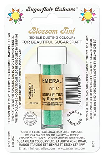 Sugarflair Blossom Tint Dusting Lebensmittelfarbe Pulver Smaragd - Lebensmittel Farbe Pulver zur Dekorationen Farbzuckerpaste, Fondant, Zuckerguss, Schokolade, Buttercreme, Macarons - 7ml von Sugarflair Colours